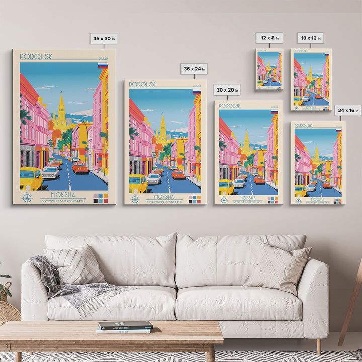 Podolsk Russia Travel Poster Framed Canvas Print, Midcentury Modern Art, Pop Art Wall Decor, Home Decor, Vacation Gift, Office Art