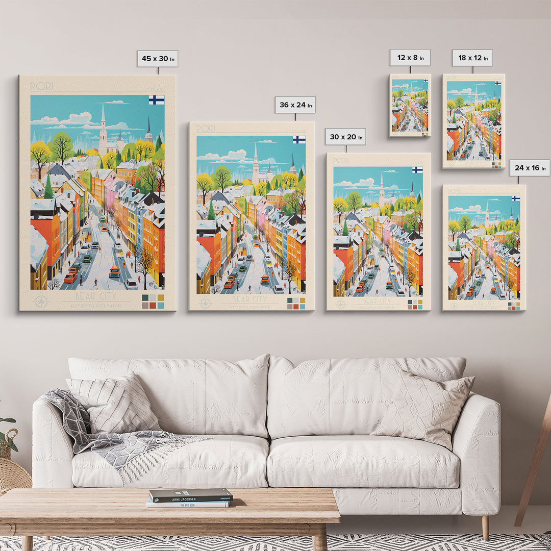 Pori Finland Travel Poster Framed Canvas Print, Midcentury Modern Art, Pop Art Wall Decor, Home Decor, Vacation Gift, Bedroom Art