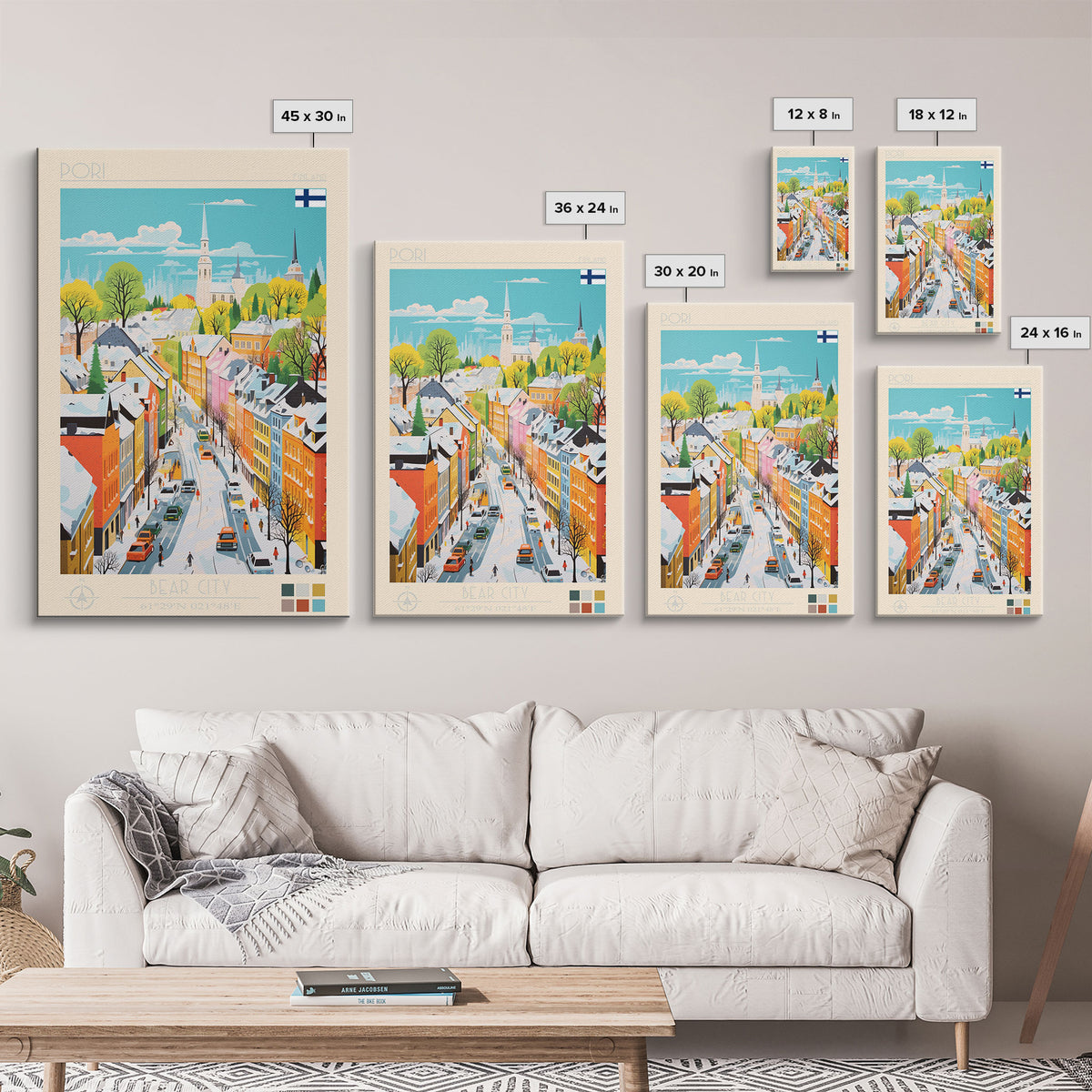 Pori Finland Travel Poster Framed Canvas Print, Midcentury Modern Art, Pop Art Wall Decor, Home Decor, Vacation Gift, Bedroom Art