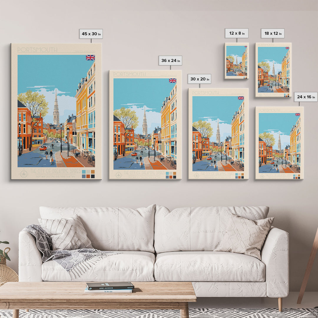 Portsmouth United Kingdom Travel Poster Framed Canvas Print, Midcentury Modern Art, Pop Art Wall Decor, Scenic Wall Art, Bedroom Decoration