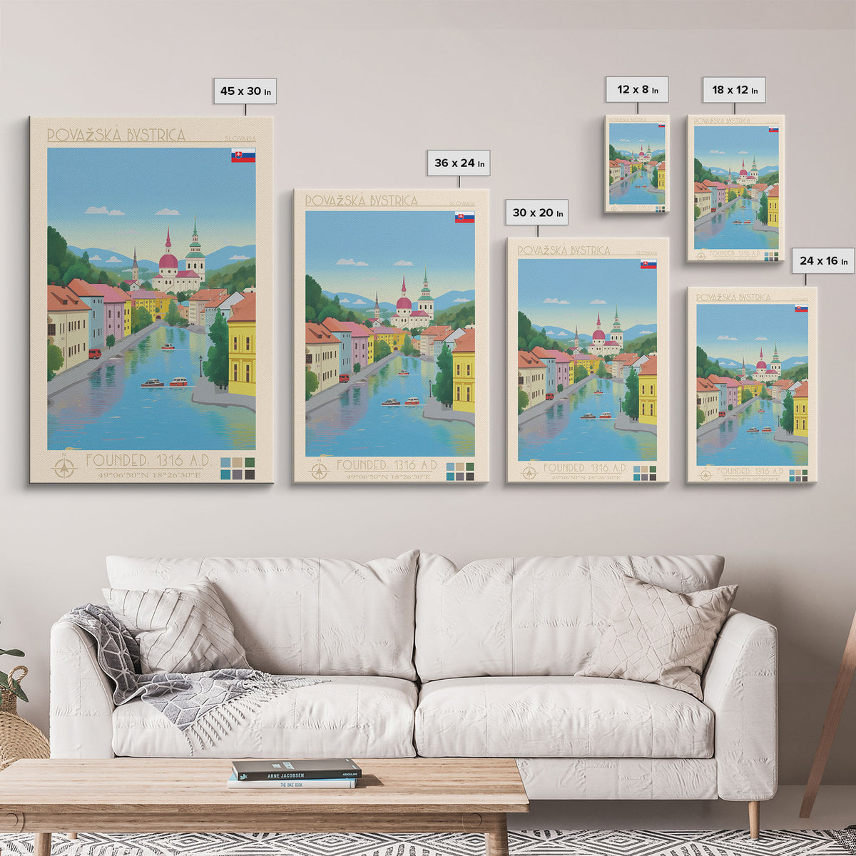 Považská Bystrica Slovakia Travel Poster Framed Canvas Print, Midcentury Modern Art, Pop Art Wall Decor, Scenic Wall Art, Living Room Decoration, Office Art