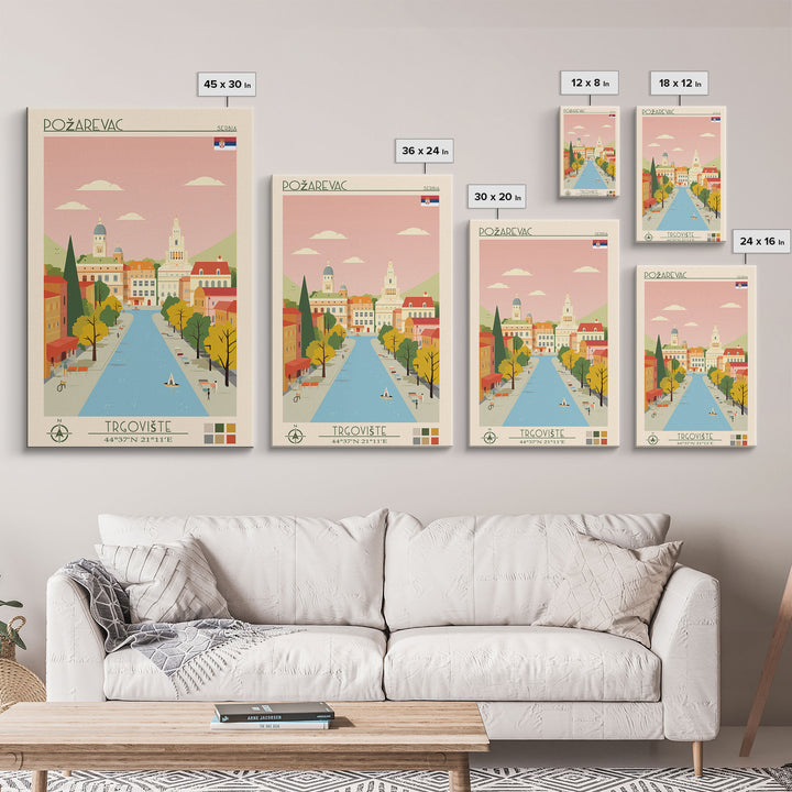 Požarevac Serbia Travel Poster Framed Canvas Print, Midcentury Modern Art, Pop Art Wall Decor, Scenic Living Room Art, Bedroom Decor