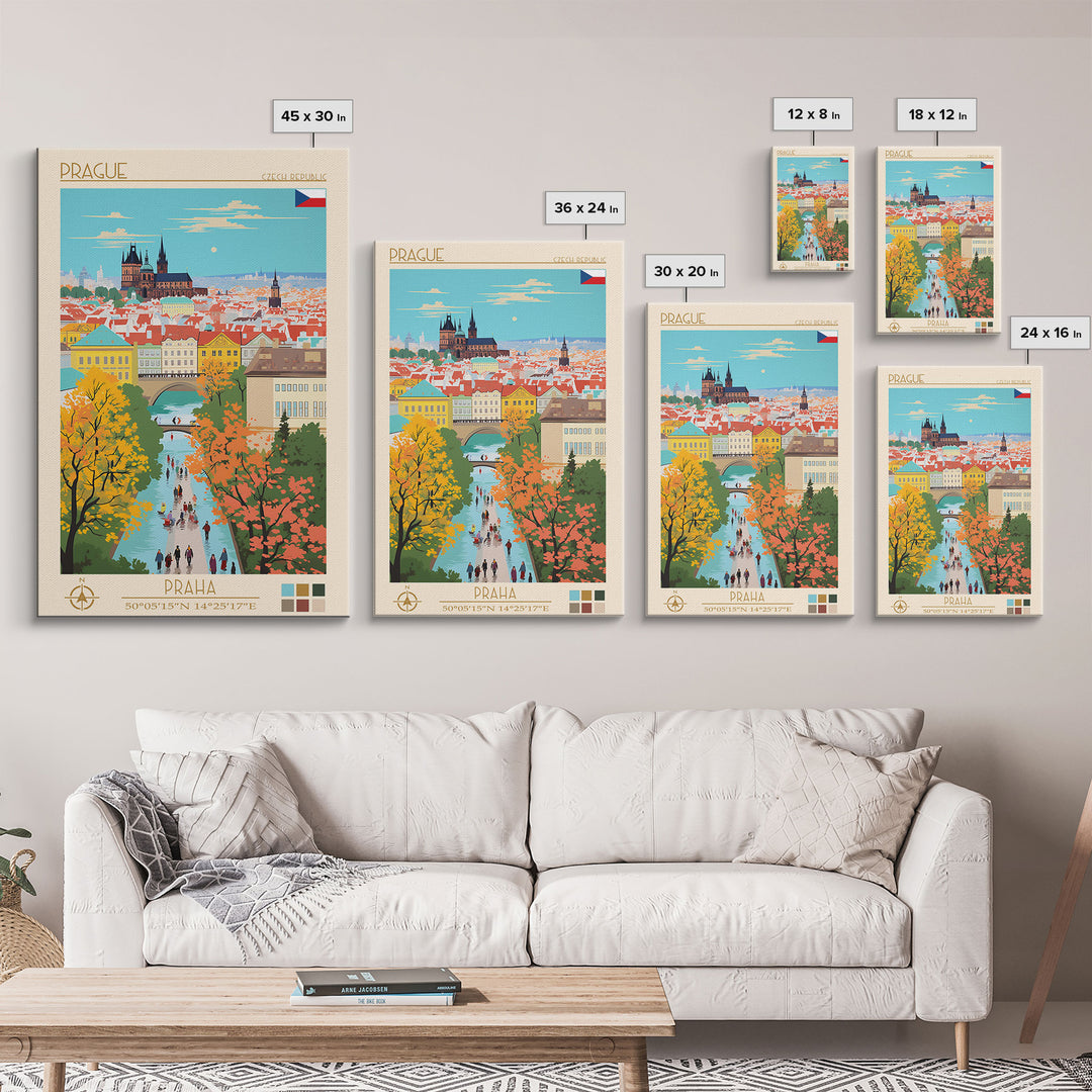 Prague Czech Republic Travel Poster Framed Canvas Print, Vintage Style, Pop Art Home Decor, Scenic Wall Art, Bedroom Decoration, Office Gift