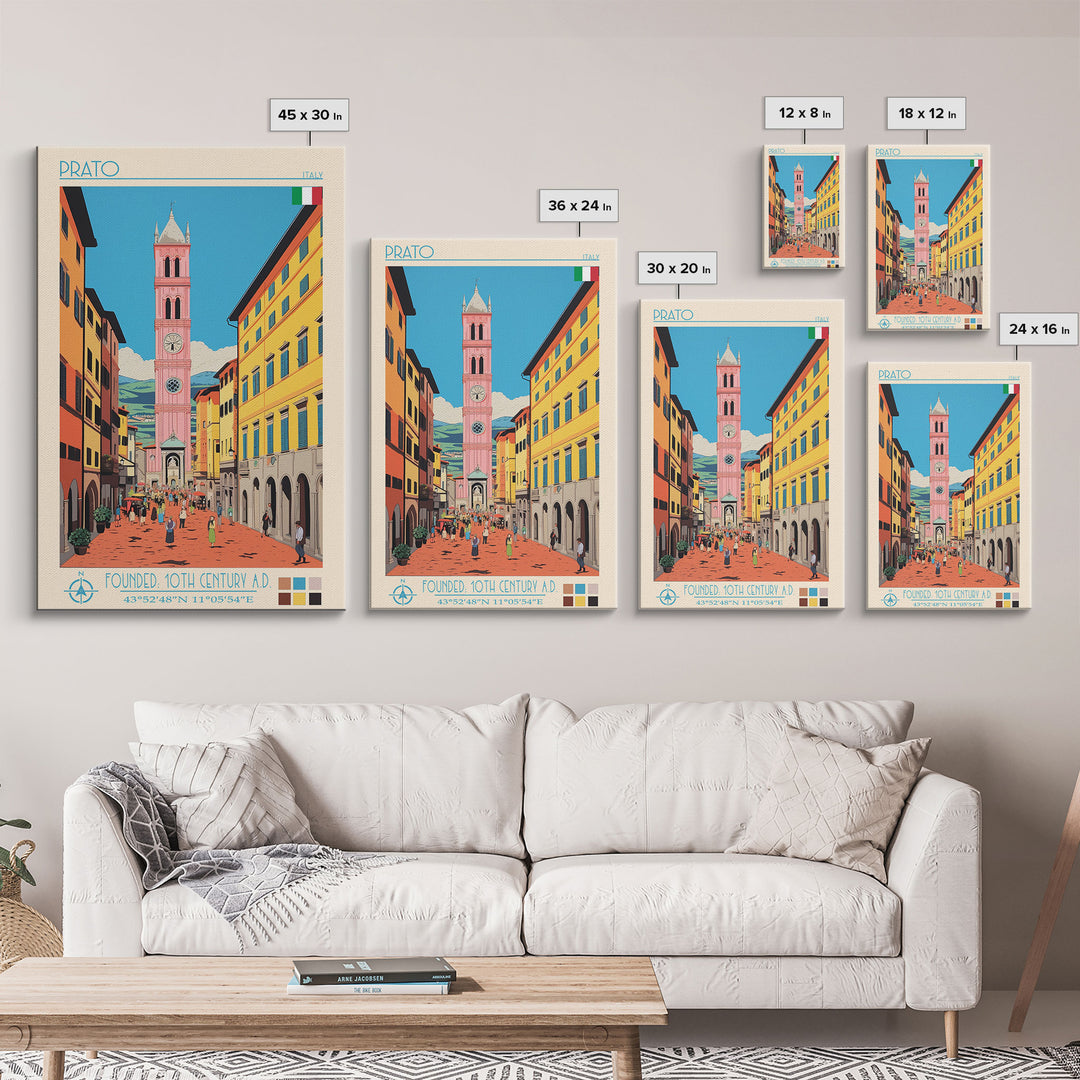 Prato Italy Travel Poster Framed Canvas Print, Midcentury Modern Art, Pop Art Wall Decor, Home Decor, Vacation Gift, Office Art