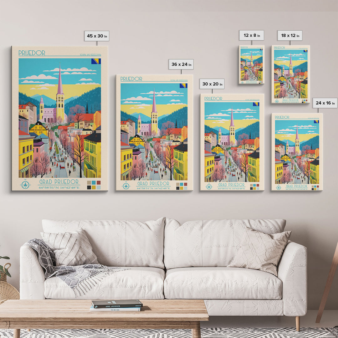 Prijedor Bosnia and Herzegovina Travel Poster Framed Canvas Print, Midcentury Modern Art, Pop Art Wall Decor, Home Decor, Vacation Gift, Bedroom Art