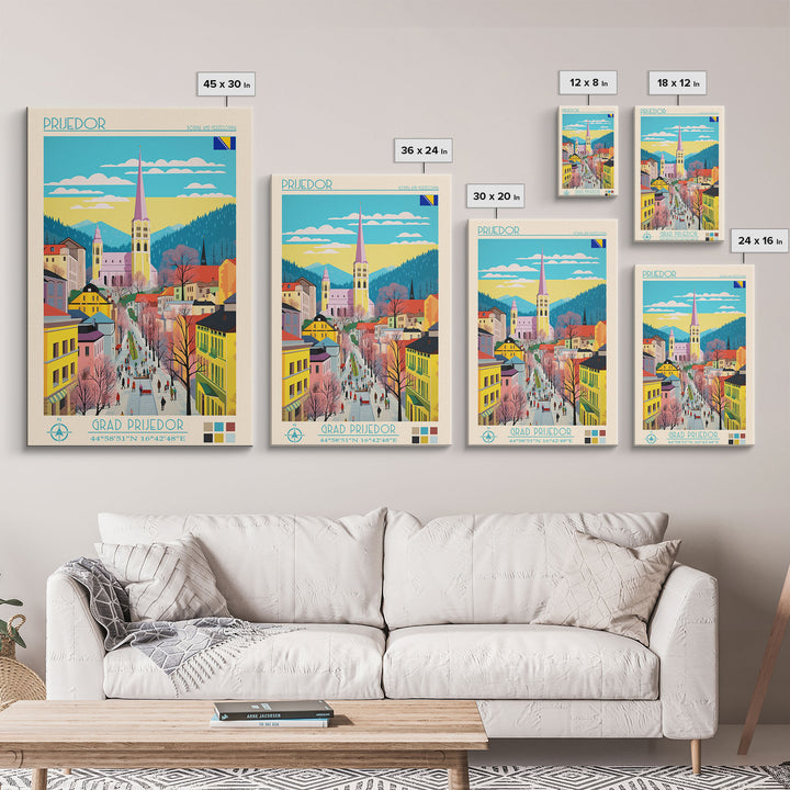 Prijedor Bosnia and Herzegovina Travel Poster Framed Canvas Print, Midcentury Modern Art, Pop Art Wall Decor, Home Decor, Vacation Gift, Bedroom Art
