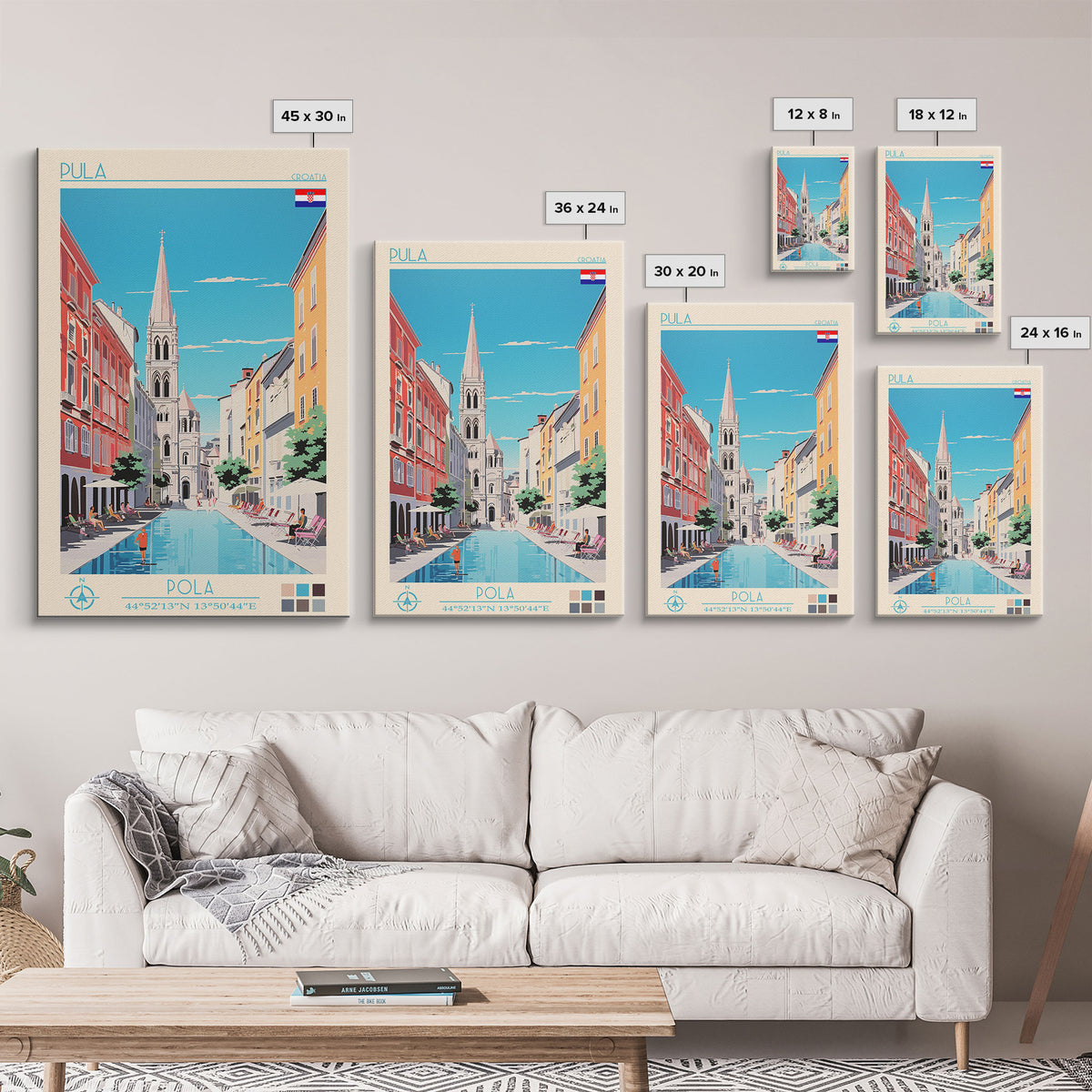 Pula Croatia Travel Poster Framed Canvas Print, Midcentury Modern Art, Pop Art Wall Decor, Scenic Wall Art, Living Room Decoration, Office Gift