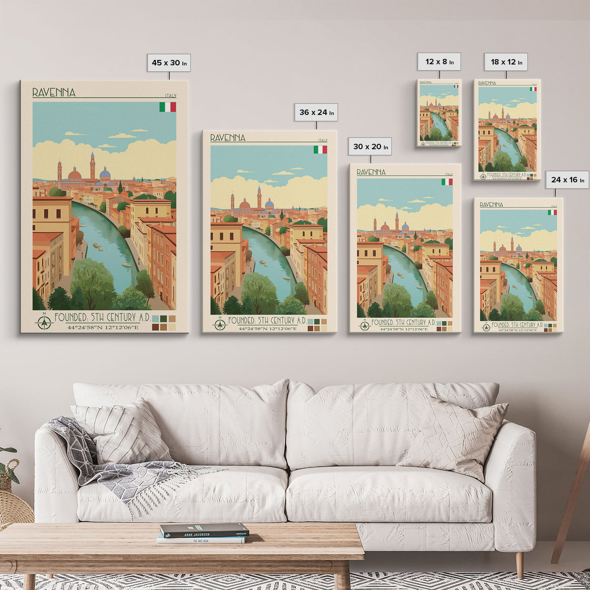 Ravenna Italy Travel Poster Framed Canvas Print, Midcentury Modern Art, Pop Art Wall Decor, Home Decor, Vacation Gift, Office Art