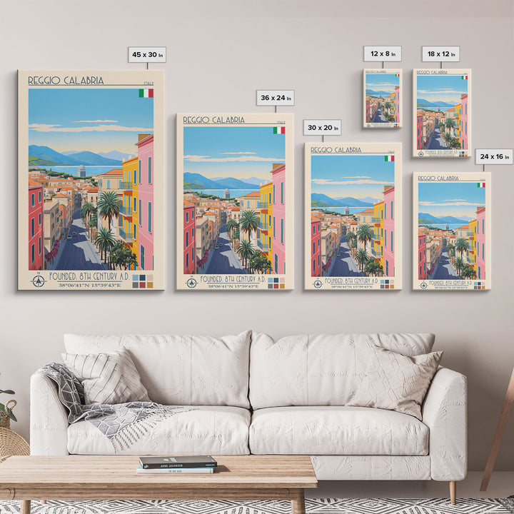 Reggio Calabria Italy Travel Poster Framed Canvas Print, Midcentury Modern Art, Pop Art Wall Decor, Scenic Living Room Art, Bedroom Gift