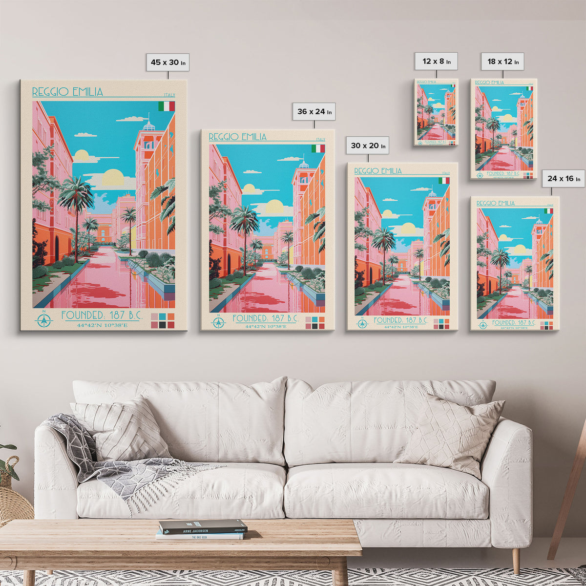 Reggio Emilia Italy Travel Poster Framed Canvas Print, Midcentury Modern Art, Pop Art Wall Decor, Scenic Wall Art, Living Room Decoration, Office Art