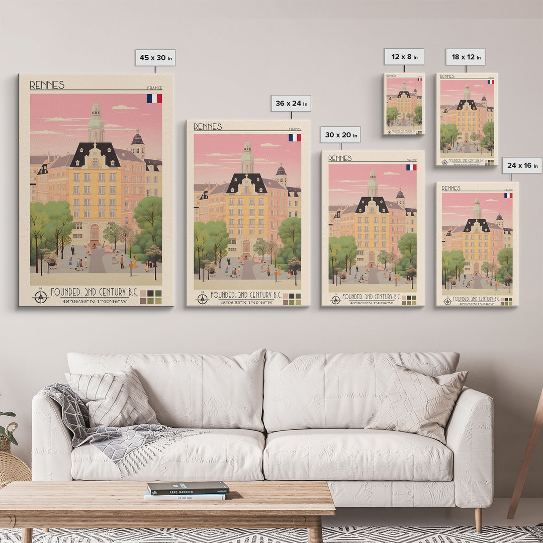 Rennes France Travel Poster Framed Canvas Print, Midcentury Modern Art, Pop Art Wall Decor, Scenic Wall Art, Living Room Decoration, Office Gift