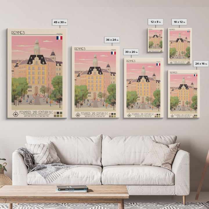 Rennes France Travel Poster Framed Canvas Print, Midcentury Modern Art, Pop Art Wall Decor, Scenic Wall Art, Living Room Decoration, Office Gift