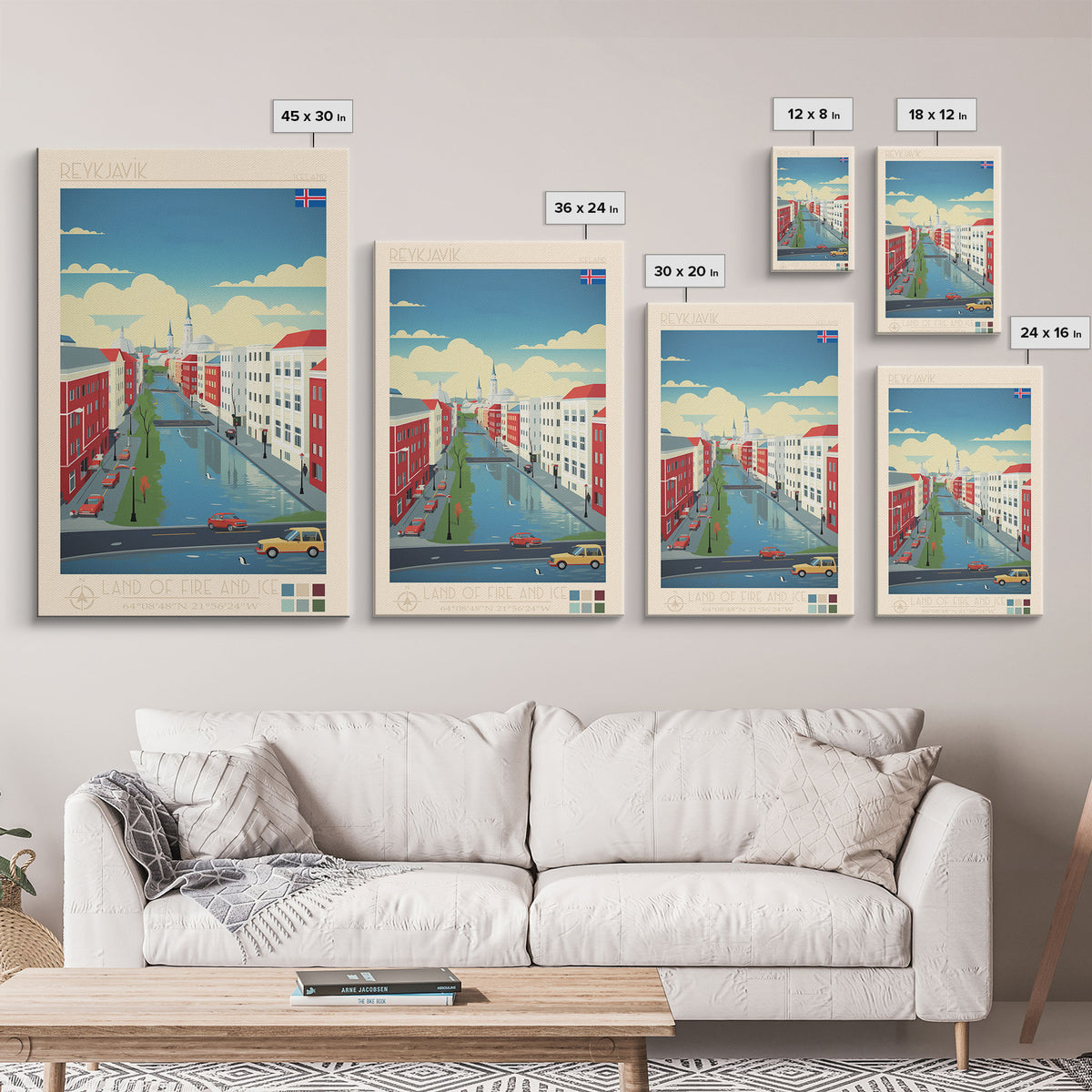 Reykjavik Iceland Travel Poster Framed Canvas Print, Midcentury Modern Art, Pop Art Wall Decor, Scenic Wall Art, Bedroom Decoration