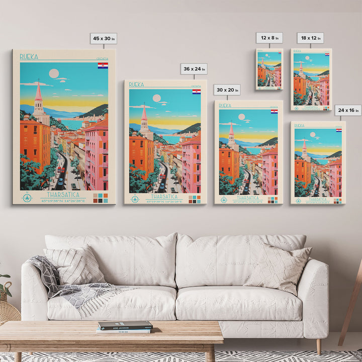 Rijeka Croatia Travel Poster Framed Canvas Print, Midcentury Modern Art, Pop Art Wall Decor, Scenic Wall Art, Living Room Decoration, Office Art
