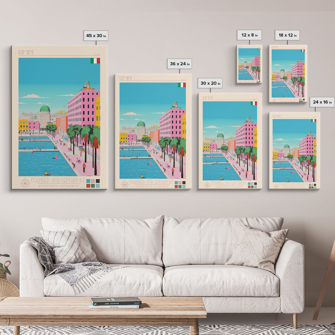 Rimini Italy Travel Poster Framed Canvas Print, Midcentury Modern Art, Pop Art Wall Decor, Scenic Bedroom Art, Office Decoration