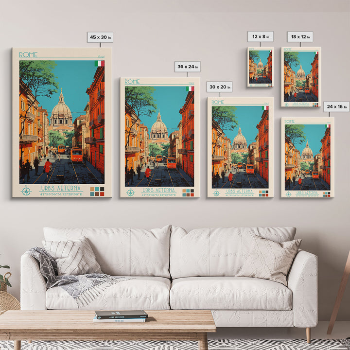 Rome Italy Travel Poster Framed Canvas Print, Midcentury Modern Art, Pop Art Wall Decor, Home Decor, Vacation Gift, Office Art