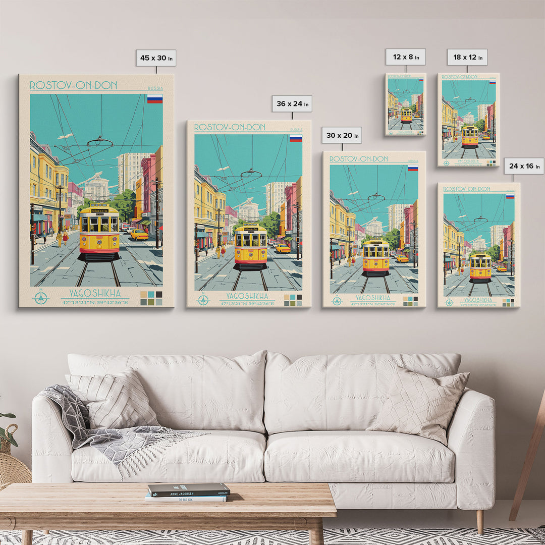 Rostov-on-Don Russia Travel Poster Framed Canvas Print, Midcentury Modern Art, Pop Art Wall Decor, Scenic Wall Art, Living Room Decoration, Office Art