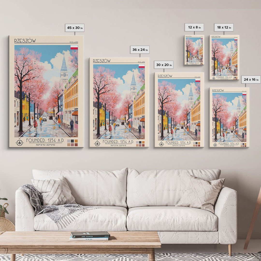 Rzeszów Poland Travel Poster Framed Canvas Print, Midcentury Modern Art, Pop Art Wall Decor, Living Room Art, Bedroom Decoration