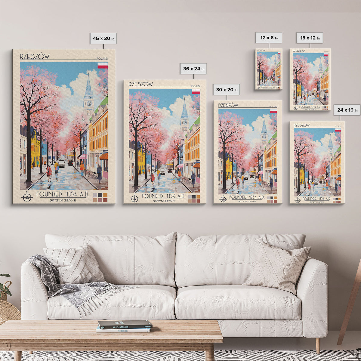 Rzeszów Poland Travel Poster Framed Canvas Print, Midcentury Modern Art, Pop Art Wall Decor, Living Room Art, Bedroom Decoration