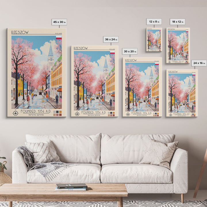 Rzeszów Poland Travel Poster Framed Canvas Print, Midcentury Modern Art, Pop Art Wall Decor, Living Room Art, Bedroom Decoration