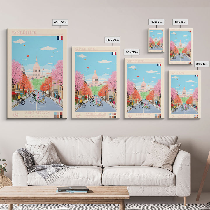 Saint-Étienne France Travel Poster Framed Canvas Print, Midcentury Modern Art, Pop Art Wall Decor, Living Room Art, Vacation Gift