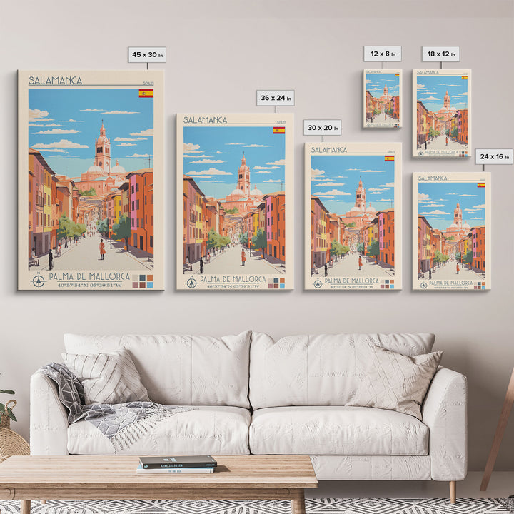 Salamanca Spain Travel Poster Framed Canvas Print, Midcentury Modern Art, Pop Art Wall Decor, Scenic Wall Art, Bedroom Decoration