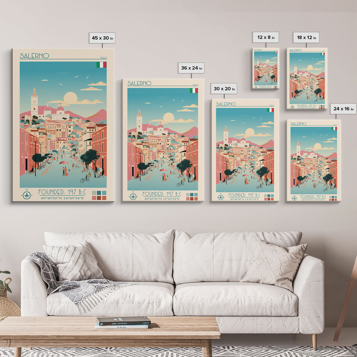 Salerno Italy Travel Poster Framed Canvas Print, Midcentury Modern Art, Pop Art Wall Decor, Home Decor, Office Gift, Living Room Art