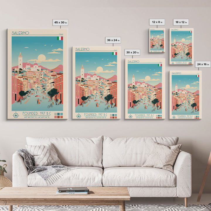 Salerno Italy Travel Poster Framed Canvas Print, Midcentury Modern Art, Pop Art Wall Decor, Home Decor, Office Gift, Living Room Art