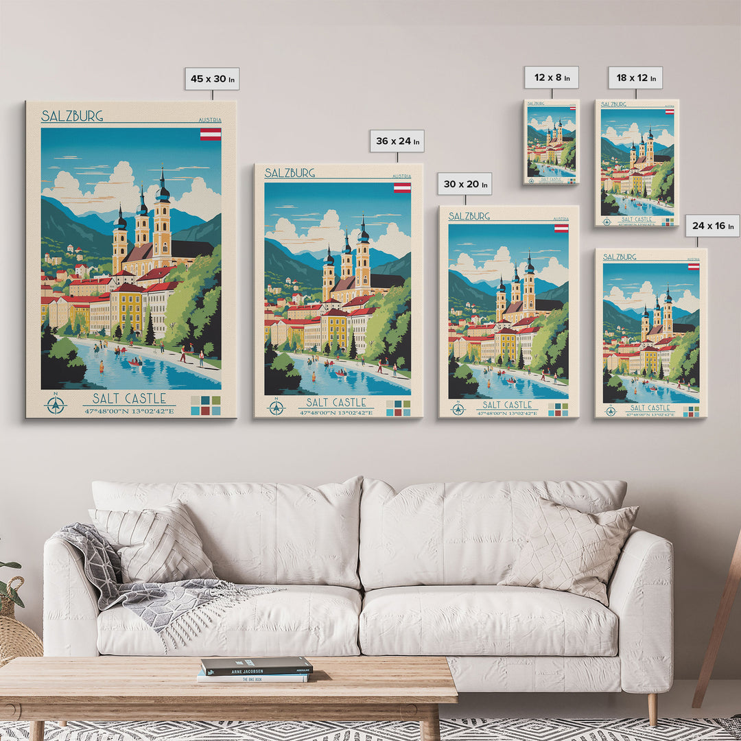 Salzburg Austria Travel Poster Framed Canvas Print, Midcentury Modern Art, Pop Art Wall Decor, Scenic Wall Art, Bedroom Art