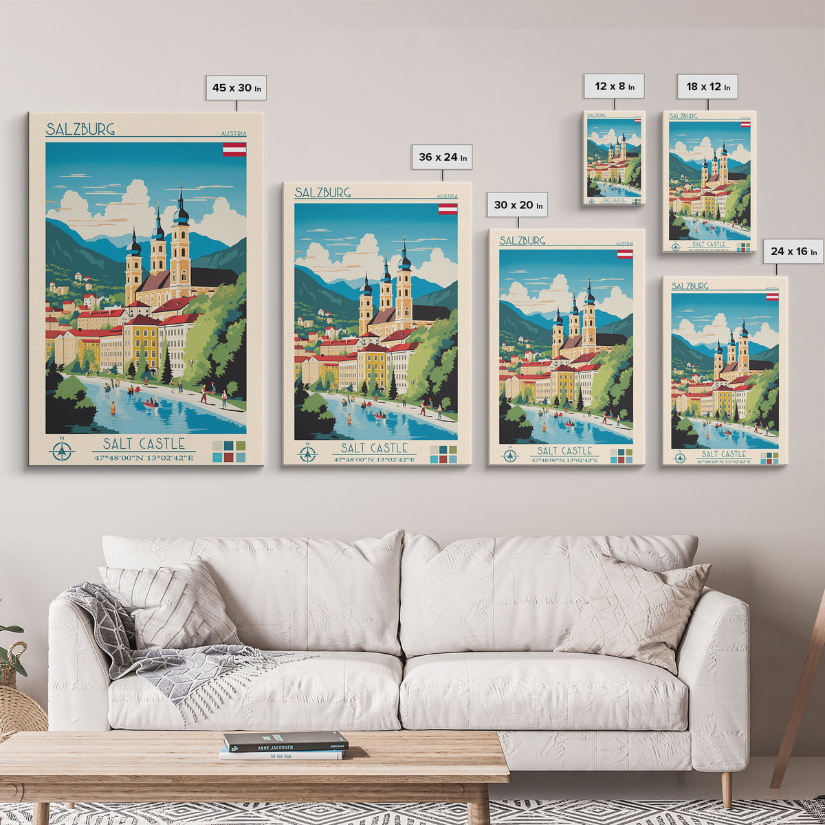 Salzburg Austria Travel Poster Framed Canvas Print, Midcentury Modern Art, Pop Art Wall Decor, Scenic Wall Art, Bedroom Art