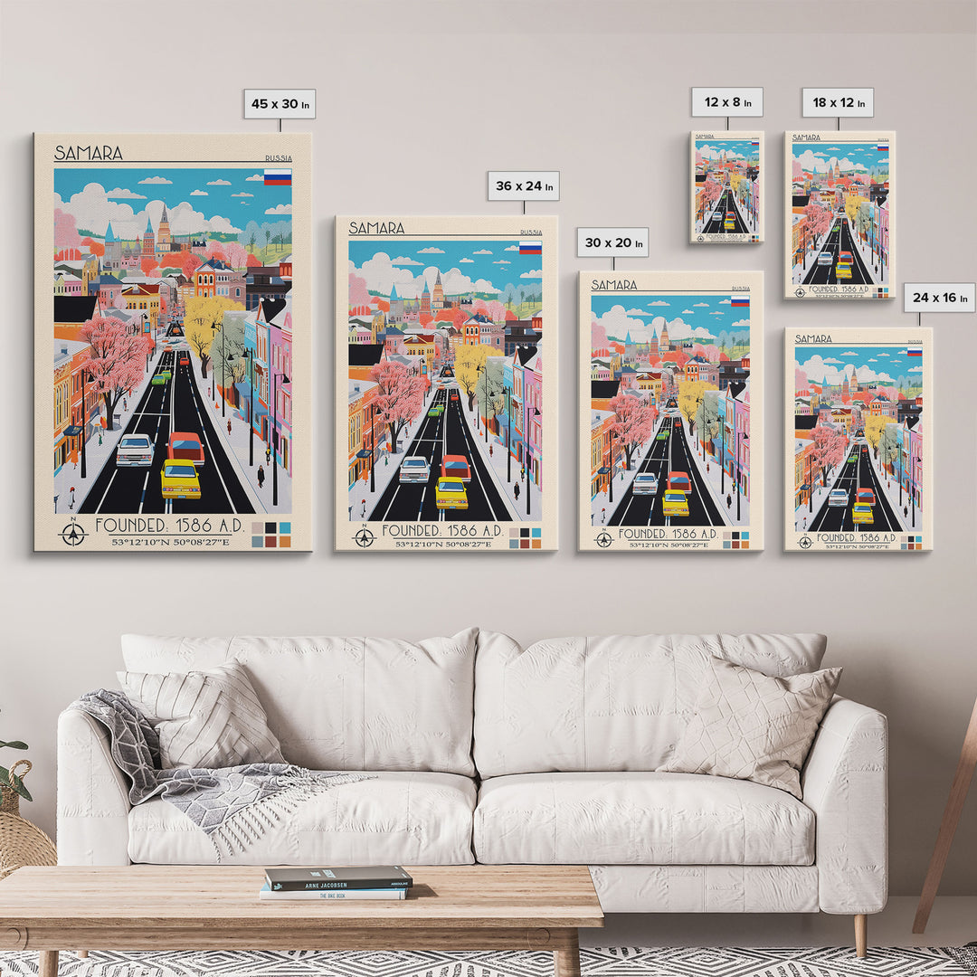 Samara Russia Travel Poster Framed Canvas Print, Midcentury Modern Art, Pop Art Wall Decor, Home Decor, Office Decoration, Scenic Art