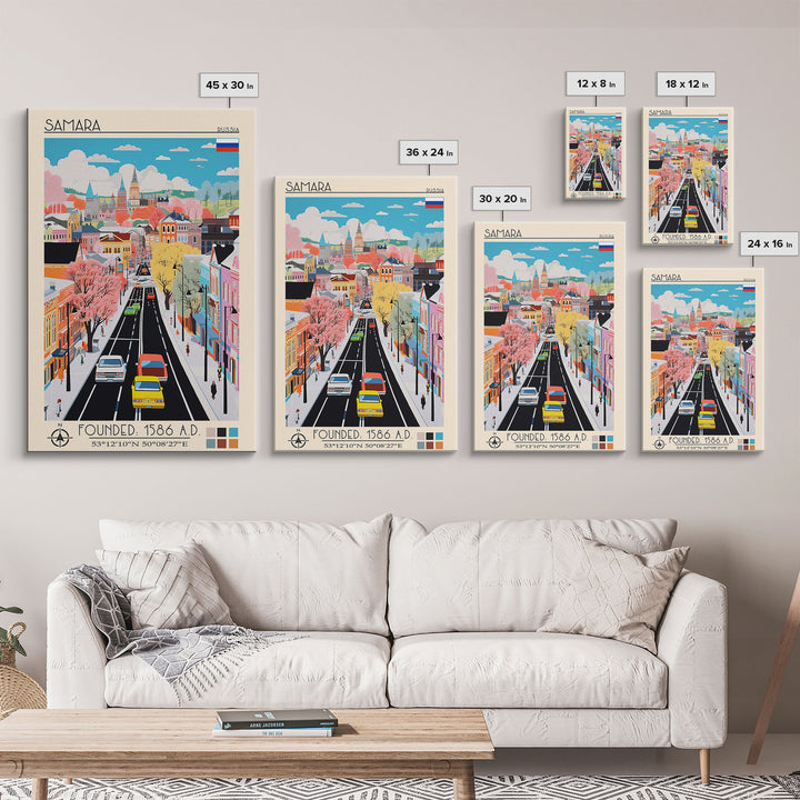 Samara Russia Travel Poster Framed Canvas Print, Midcentury Modern Art, Pop Art Wall Decor, Home Decor, Office Decoration, Scenic Art