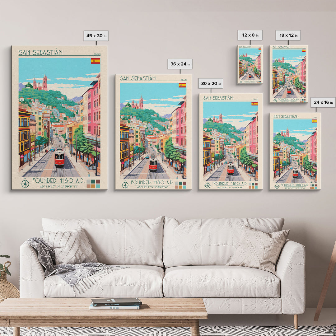 San Sebastian Spain Travel Poster Framed Canvas Print, Midcentury Modern Art, Pop Art Wall Decor, Home Decor, Office Art