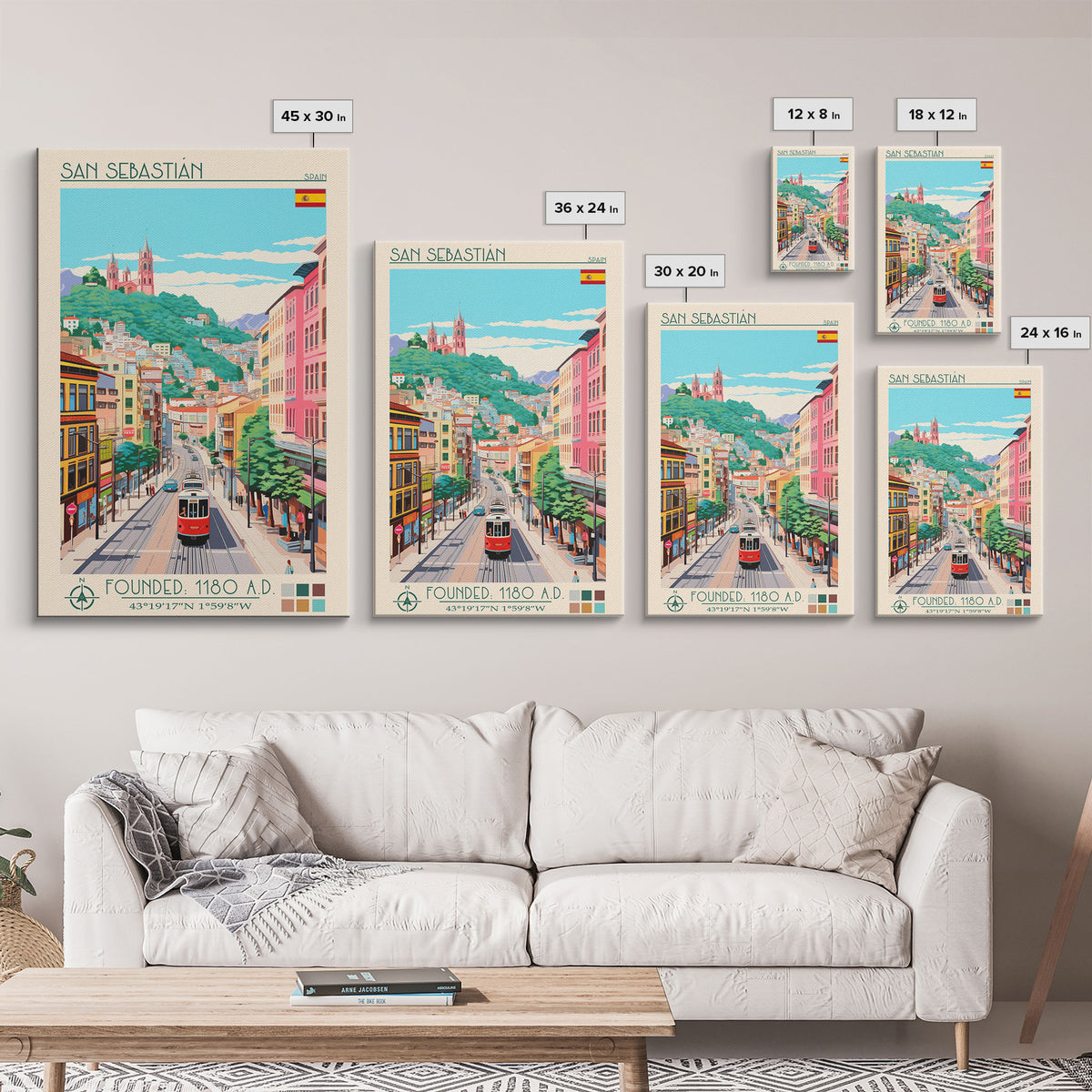 San Sebastian Spain Travel Poster Framed Canvas Print, Midcentury Modern Art, Pop Art Wall Decor, Home Decor, Office Art