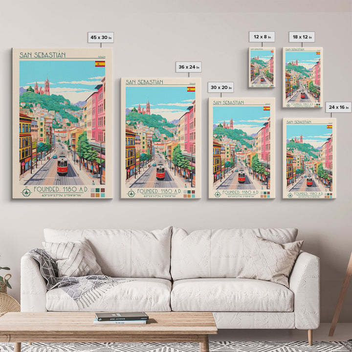 San Sebastian Spain Travel Poster Framed Canvas Print, Midcentury Modern Art, Pop Art Wall Decor, Home Decor, Office Art