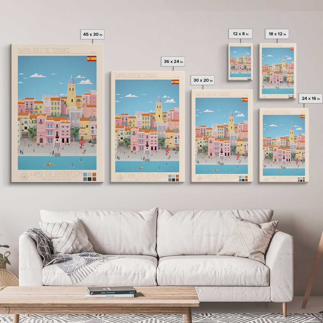 Santa Cruz de Tenerife Spain Travel Poster Framed Canvas Print, Midcentury Modern Art, Pop Art Wall Decor, Living Room Art, Bedroom Decoration