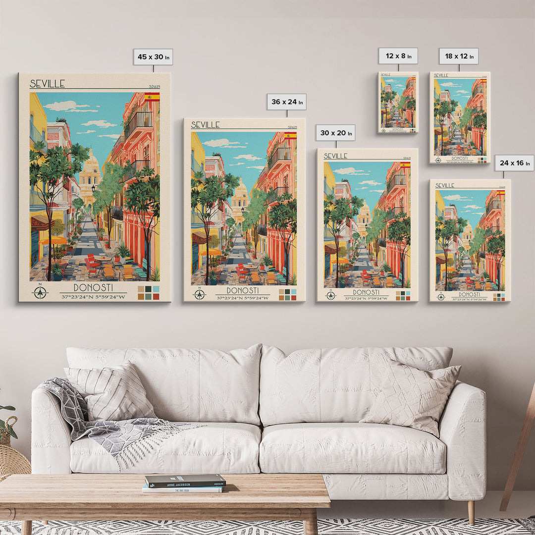 Seville Spain Travel Poster Framed Canvas Print, Midcentury Modern Art, Pop Art Wall Decor, Living Room Art, Home Decoration