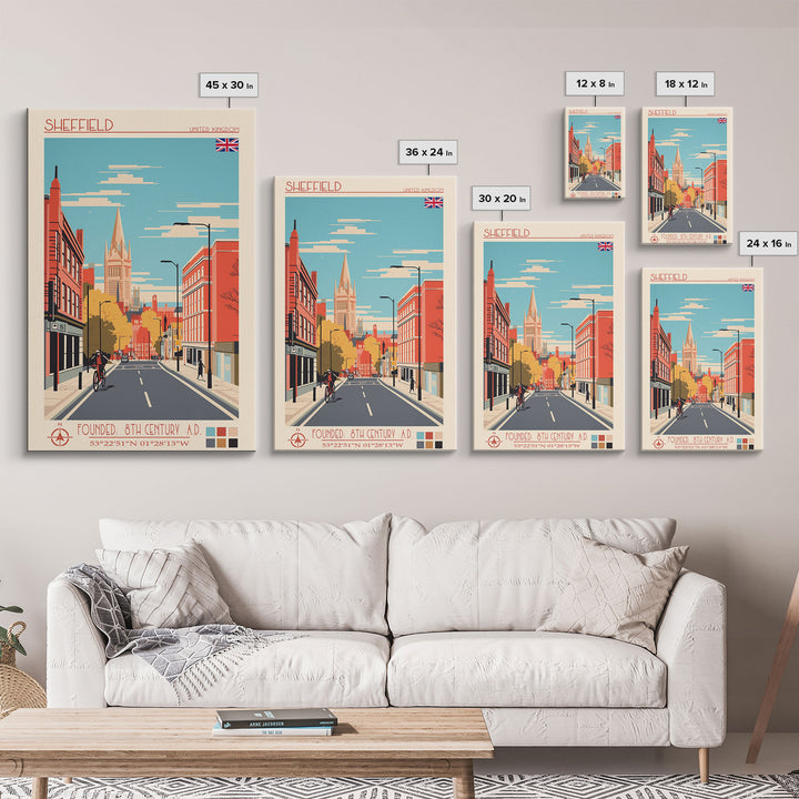 Sheffield United Kingdom Travel Poster Framed Canvas Print, Midcentury Modern Art, Pop Art Wall Decor, Home Decor, Vacation Gift, Office Art