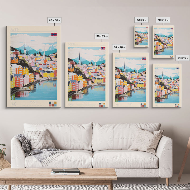 Skien Norway Travel Poster Framed Canvas Print, Midcentury Modern Art, Pop Art Wall Decor, Scenic Wall Art, Bedroom Art