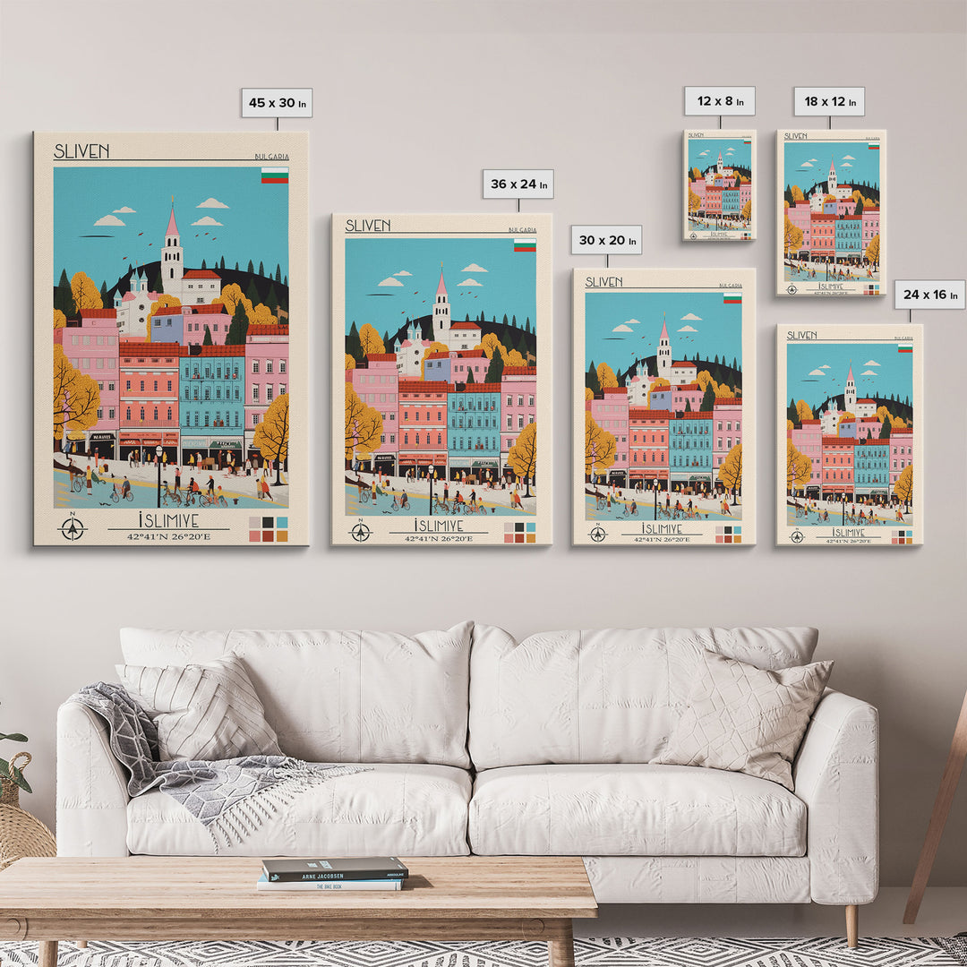 Sliven Bulgaria Travel Poster Framed Canvas Print, Midcentury Modern Art, Pop Art Wall Decor, Living Room Art, Vacation Gift