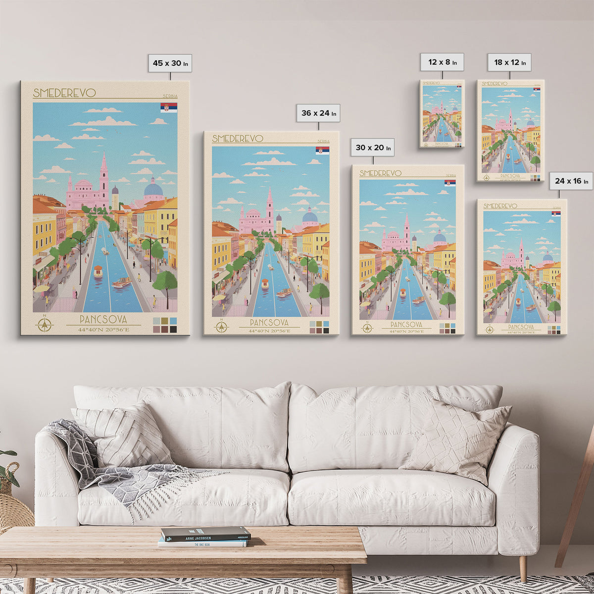 Smederevo Serbia Travel Poster Framed Canvas Print, Midcentury Modern Art, Pop Art Wall Decor, Bedroom Decoration, Scenic Art