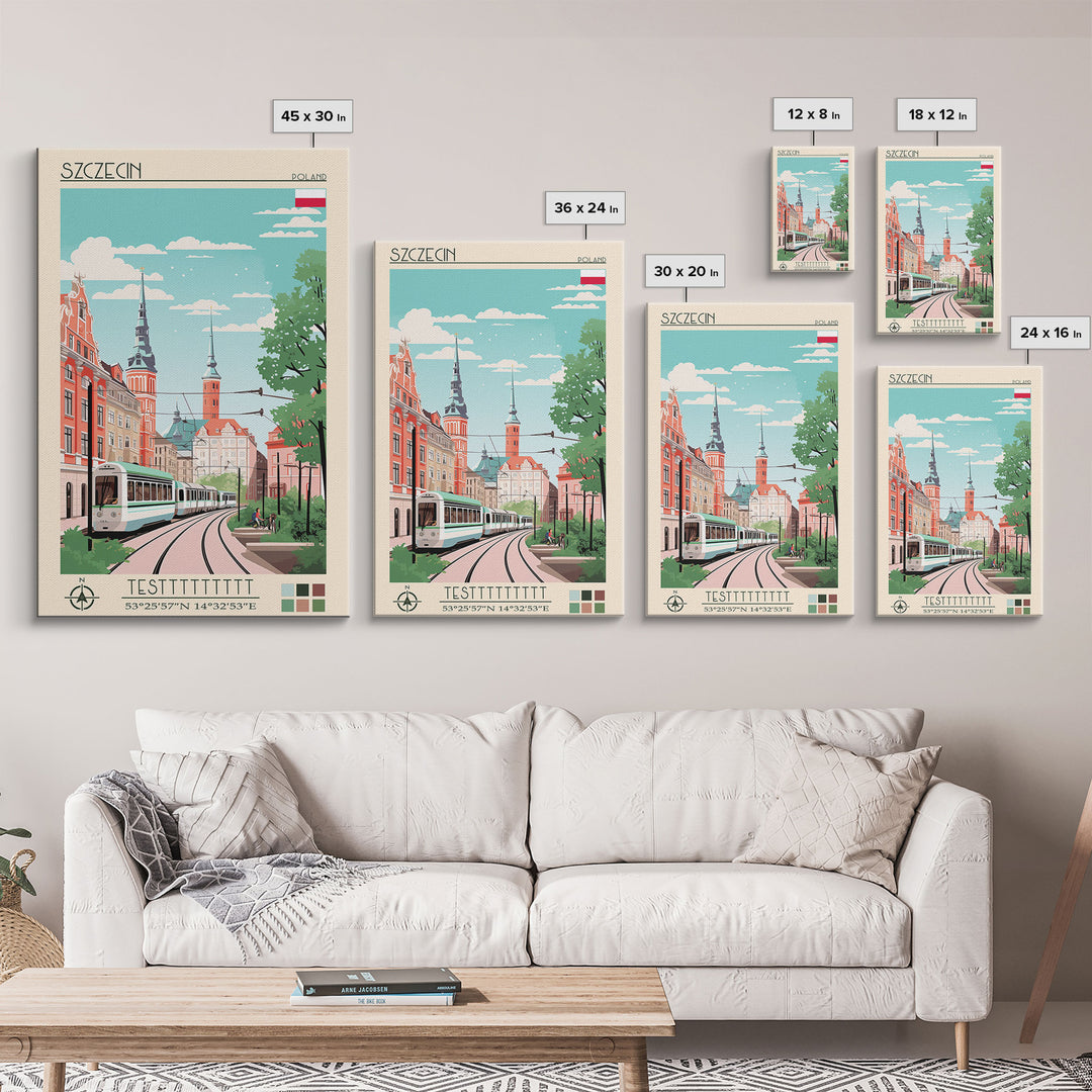 Szczecin Poland Travel Poster Framed Canvas Print, Midcentury Modern Art, Pop Art Wall Decor, Living Room Art, Scenic Wall Art