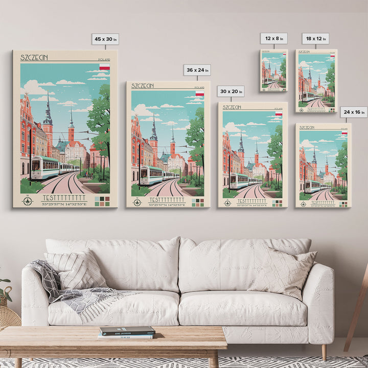 Szczecin Poland Travel Poster Framed Canvas Print, Midcentury Modern Art, Pop Art Wall Decor, Living Room Art, Scenic Wall Art
