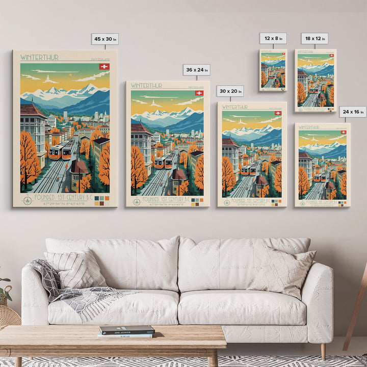Winterthur Switzerland Travel Poster Framed Canvas Print, Midcentury Modern Art, Pop Art Wall Decor, Living Room Art, Scenic Wall Art