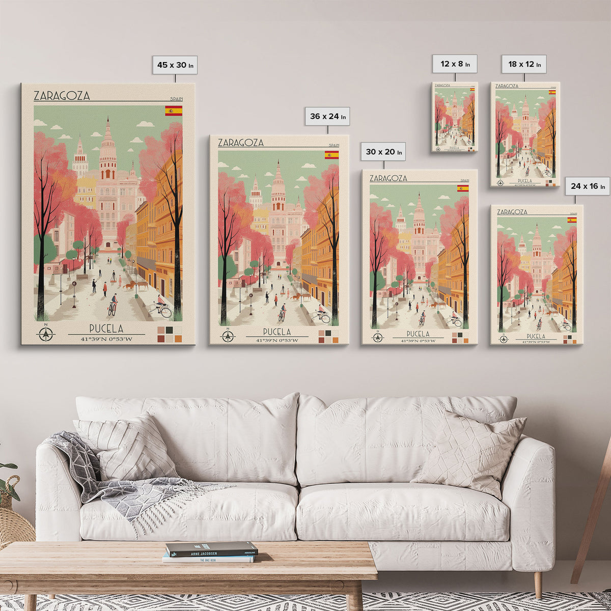 Zaragoza Spain Travel Poster Framed Canvas Print, Midcentury Modern Art, Pop Art Wall Decor, Living Room Art, Vacation Gift