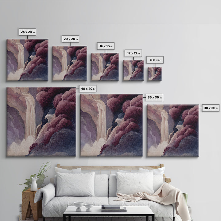 Mythic Waterfall Guarded by White Wolves Framed Canvas Print, Fantasy Art, Dragon Art, Living Room Decor, Watercolor Art, FAN-1x1-24