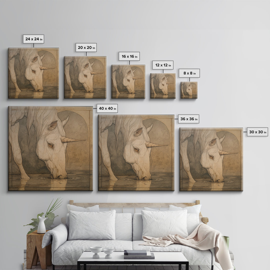 Unicorn Drinking from a Silver Stream Framed Canvas Print, Fantasy Art, Art Print, Living Room Decor, Fine Art, Mythic, FAN-1x1-40