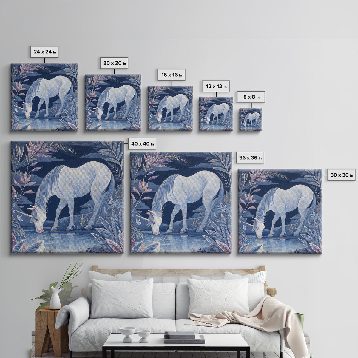 Unicorn Drinking from a Silver Stream Framed Canvas Print, Fantasy Art, Textured Painting, Living Room Decor, Fine Art, Mythic, FAN-1x1-88