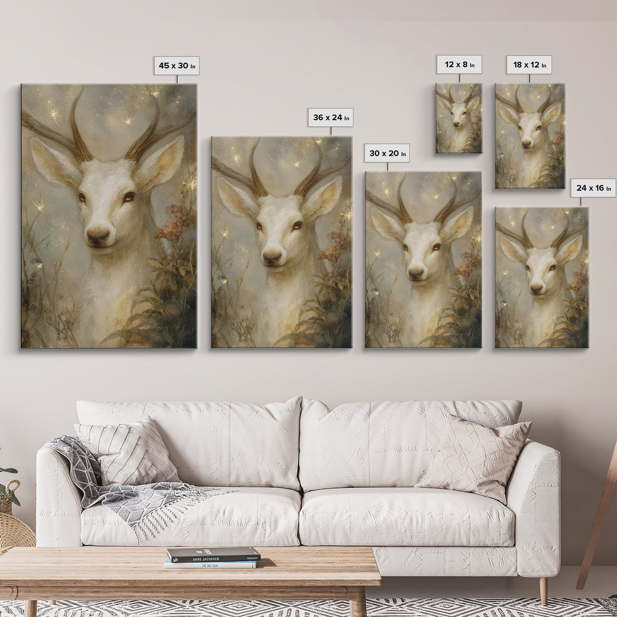 Mythic Waterfall Guarded by White Wolves Framed Canvas Print, Fantasy Art, Fantasy Art Prints, Living Room Decor, Oil Painting, FAN-2x3-8