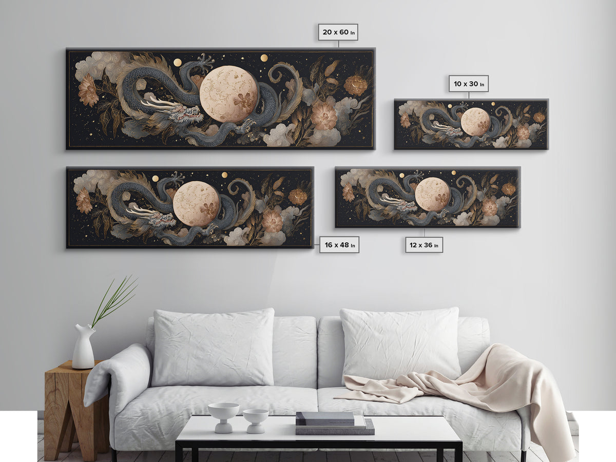 Celestial Dragon Wrapped Around a Moon Canvas Print, Fantasy Art, Art, Living Room Decor, Fine Art, Mythic, Watercolor Painting, FAN-3x1-78